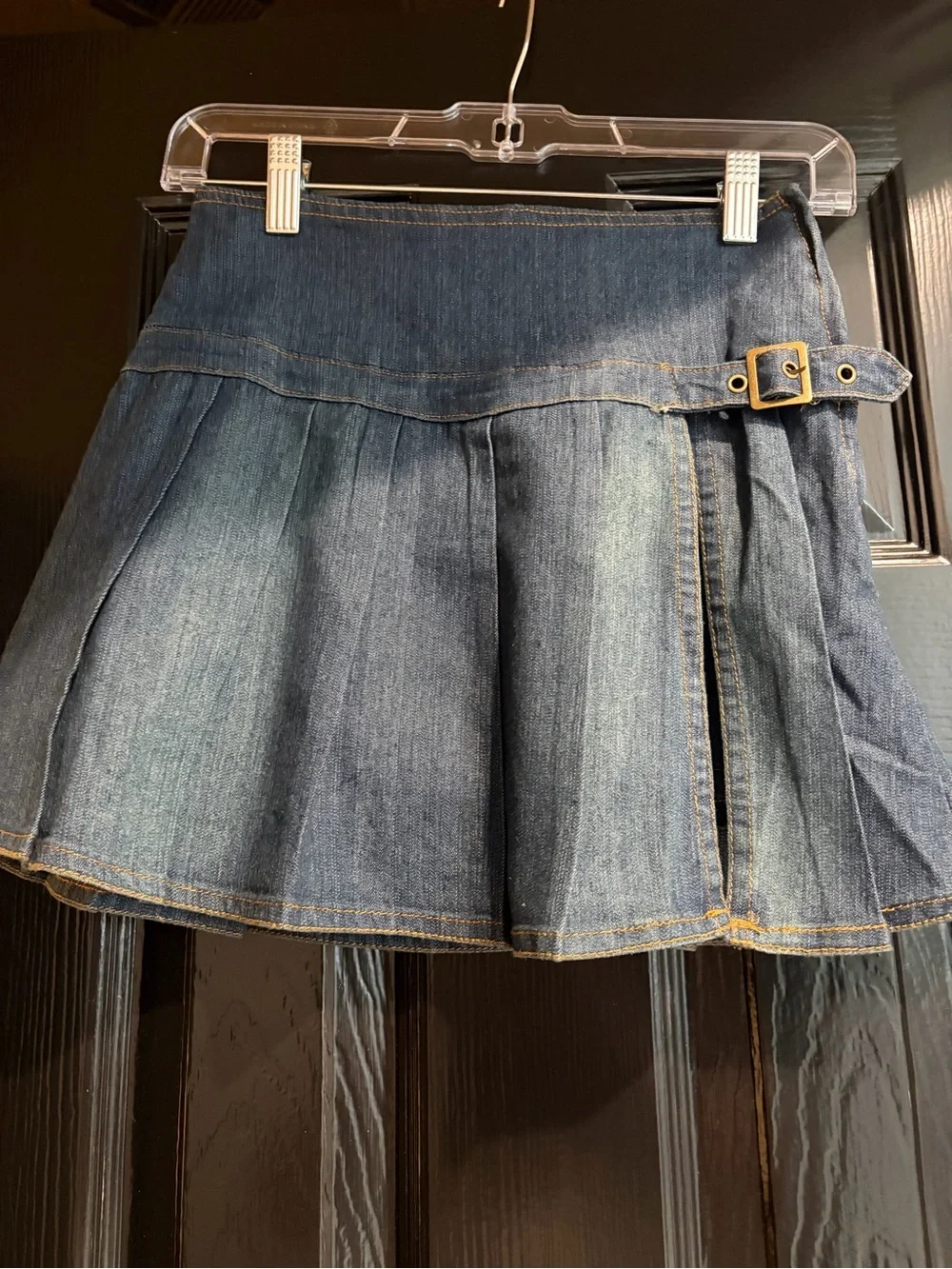 Girls' Denim Pleated Skort with Side Buckle - Blue , never worn, zipper closure